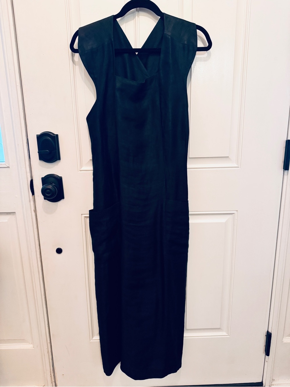 Sleeveless Black Midi Sheath Dress with Large Buttoned Waist Belt